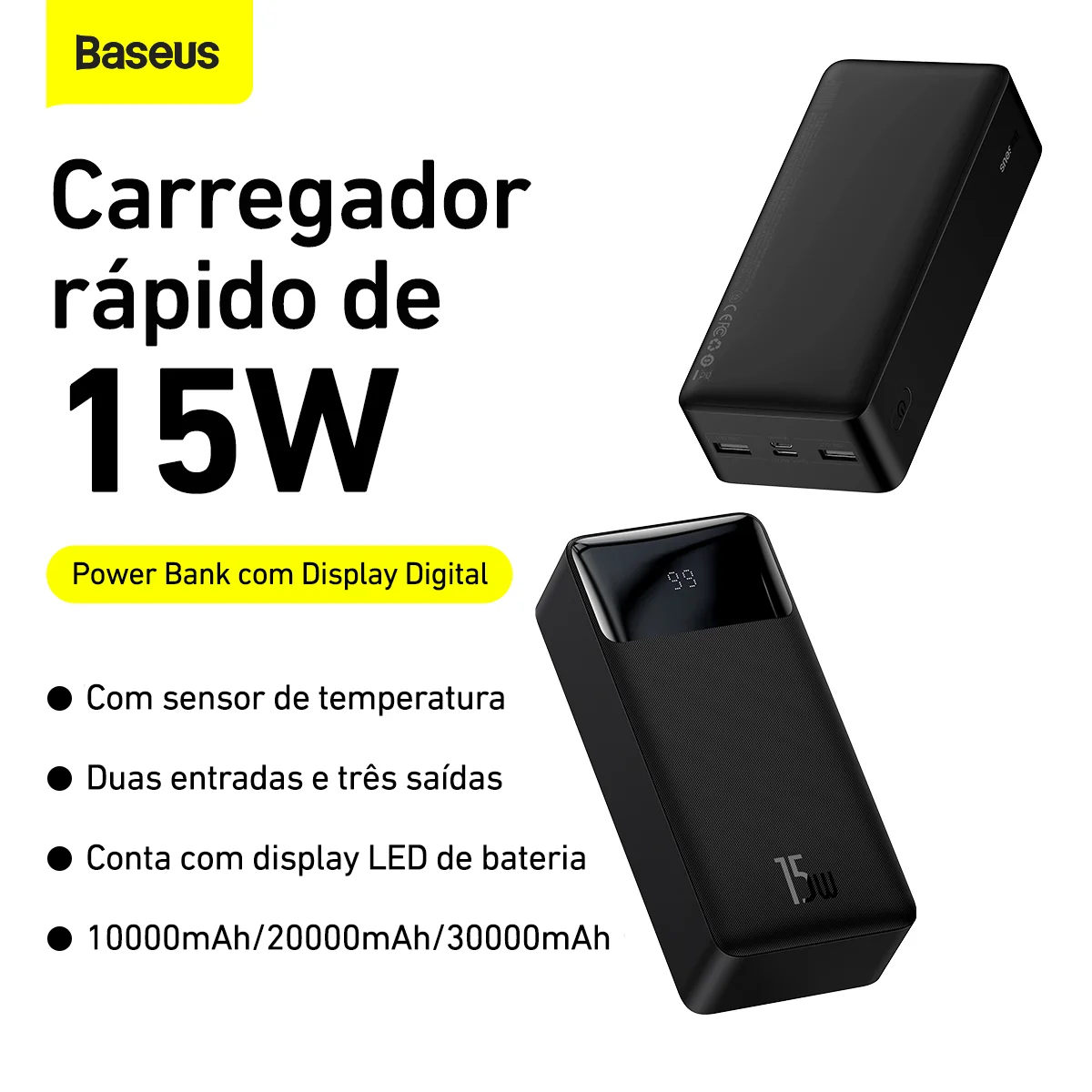 Carregador Portátil Recarregável USB Powerbank Baseus 30000mah 15w Display Digital - Imagem 2